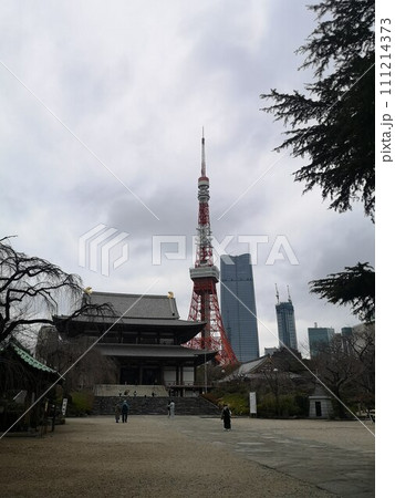 増上寺の大殿と背後にある東京タワー 増上寺の大殿と背後にある東京タワー 111214373