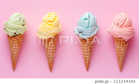 AI-generated content. Asorted of ice cream scoops with cones in row on pink background. AI-generated content. Asorted of ice cream scoops with cones in row on pink background. 111214393