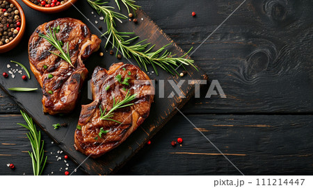 AI-generated content. Grilled pork steak with spices on dark background. 111214447