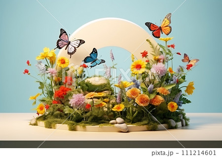 3D Spring Floral Podium, Butterflies and Dragonflies in Natural Light 111214601