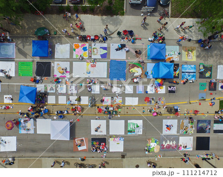 Aerial View of Bustling Street Fair with Sidewalk Art in Downtown Fort Wayne 111214712