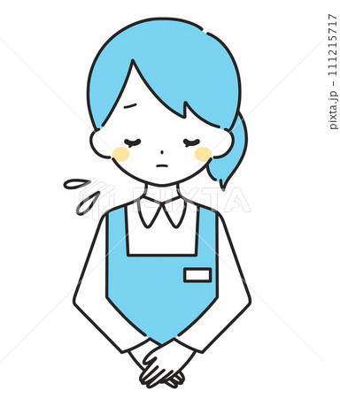 水色|お辞儀をして謝罪する女性店員|エプロン 水色|お辞儀をして謝罪する女性店員|エプロン 111215717