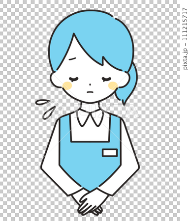 水色|お辞儀をして謝罪する女性店員|エプロン 水色|お辞儀をして謝罪する女性店員|エプロン 111215717
