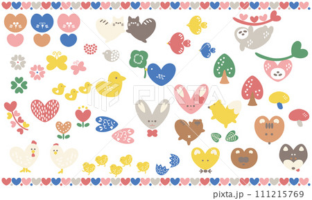 ハートをモチーフにした動物と植物の北欧風なイラストセット(カラー) ハートをモチーフにした動物と植物の北欧風なイラストセット(カラー) 111215769