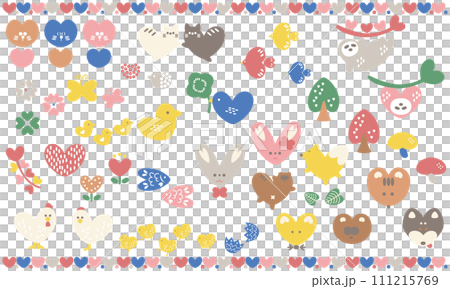 ハートをモチーフにした動物と植物の北欧風なイラストセット(カラー) ハートをモチーフにした動物と植物の北欧風なイラストセット(カラー) 111215769