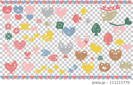 Scandinavian style illustration set of animals and plants with a heart motif (stamp style) 111215770