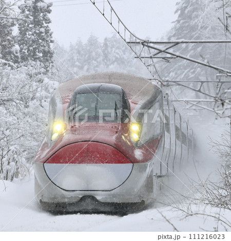 雪降る仙岩峠を走る秋田新幹線 111216023
