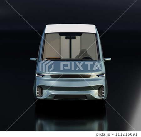 黒バックに電動宅配車の正面イメージ。物流サービスの脱炭素コンセプト 黒バックに電動宅配車の正面イメージ。物流サービスの脱炭素コンセプト 111216091