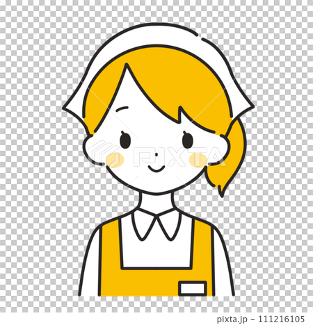 オレンジ色｜笑顔の三角巾をした女性店員｜エプロン	 111216105