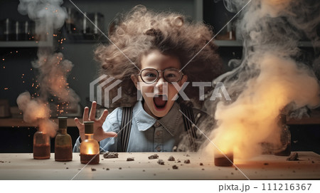 Funny little girl engages in laboratory experiments. Explosion in the laboratory. Generative AI. 111216367