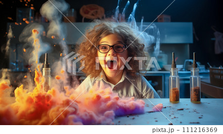 Funny little girl engages in laboratory experiments. Explosion in the laboratory. Generative AI. 111216369