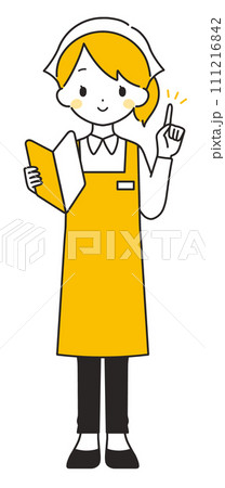 オレンジ色｜初心者マークを持つ三角巾の女性店員｜エプロン	 111216842