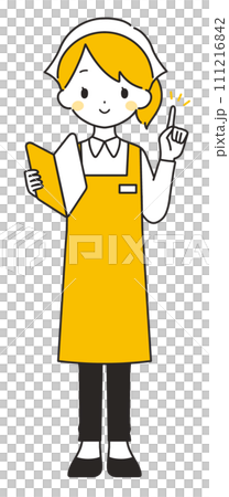 オレンジ色｜初心者マークを持つ三角巾の女性店員｜エプロン	 111216842