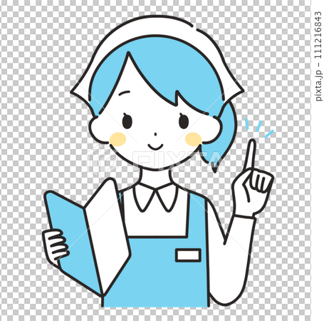 水色|初心者マークを持つ三角巾の女性店員|エプロン 水色|初心者マークを持つ三角巾の女性店員|エプロン 111216843