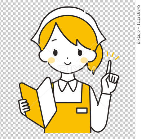 オレンジ色|初心者マークを持つ三角巾の女性店員|エプロン オレンジ色|初心者マークを持つ三角巾の女性店員|エプロン 111216845