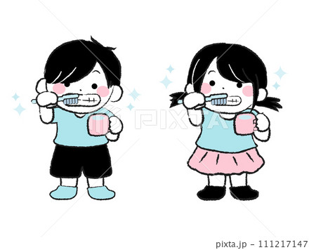 歯みがきをする男の子と女の子の子ども1-3 111217147