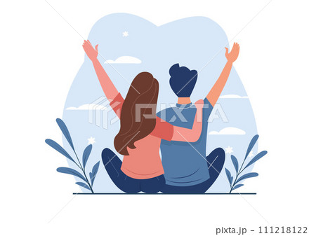 Looking from behind a young man and woman sitting side by side in love. They raise their hands and wave in happiness. Vector illustration 111218122