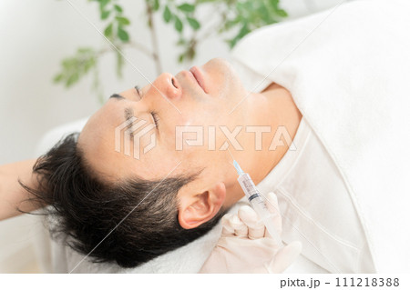 顎下に脂肪吸引注射・脂肪溶解注射を打つ患者と美容外科の医師 111218388