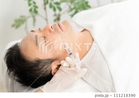 ほうれい線・口角・頬にヒアルロン酸・ボトックス・脂肪溶解注射を打つ患者と美容外科の医師 111218390