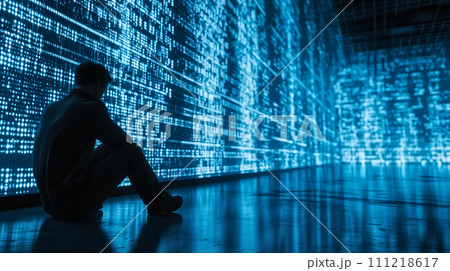Silhouette of a hacker sitting in front of binary code background 111218617