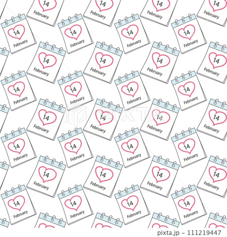 Calendar page with St. Valentines Day date 14 February and hand drawn heart around number. Backdrop 111219447