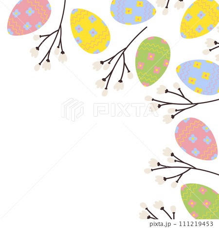 Vibrant corner frame border of Easter eggs and spring flowering twigs. Copy space. Easter greetings 111219453