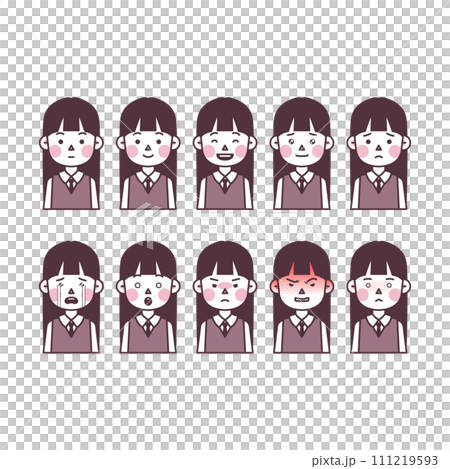 illustration of a schoolgirl in uniform expressing various emotions 111219593