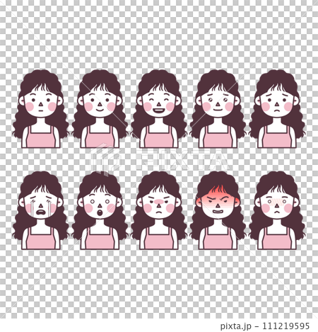 illustration of a woman with a long perm expressing various emotions 111219595