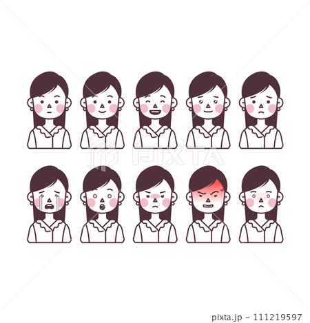 illustration of a woman with long hair and pearl earrings expressing various emotions illustration of a woman with long hair and pearl earrings expressing various emotions 111219597