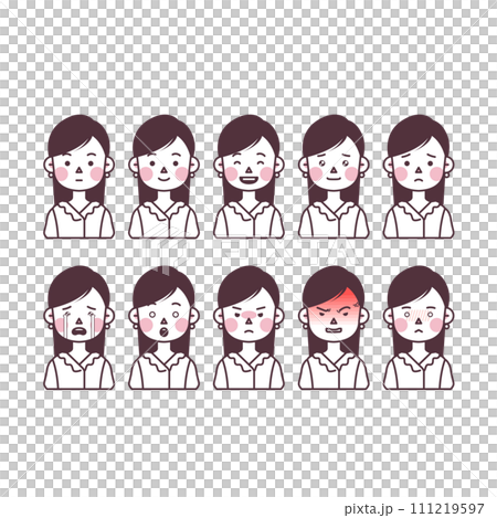 illustration of a woman with long hair and pearl earrings expressing various emotions 111219597