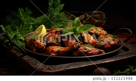 Roasted chicken on a black plate with lemon and spices on a wooden table . Generate Ai 111221498