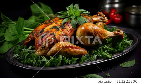Roasted chicken on a black plate with lemon and spices on a wooden table . Generate Ai 111221500