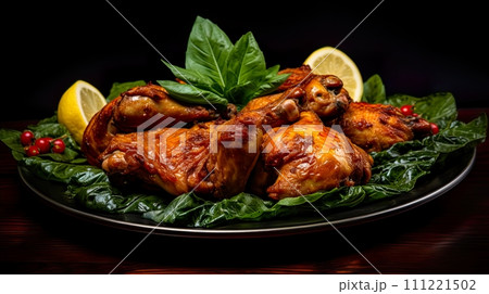Roasted chicken on a black plate with lemon and spices on a wooden table . Generate Ai 111221502
