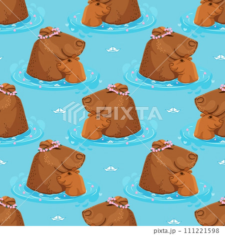 Seamless cute pattern with capybara family bathing, where mom is wearing a wreath with pink flowers.  111221598