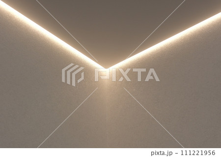 Diode lighting in the corners of the ceiling in an apartment with a stretch ceiling. Modern design electric tube light on white wall Diode lighting in the corners of the ceiling in an apartment with a stretch ceiling. Modern design electric tube light on white wall 111221956