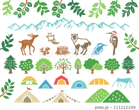 山と動物とキャンプのイラストセット 111222289