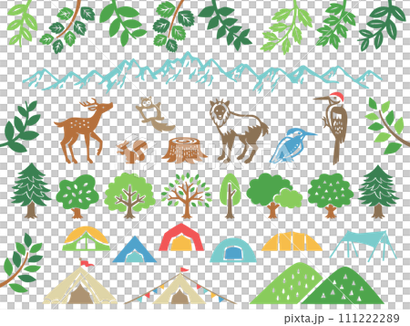 山と動物とキャンプのイラストセット 111222289