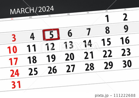 Calendar 2024, deadline, day, month, page, organizer, date, March, tuesday, number 5 111222688