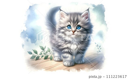 水彩画風のふわふわした灰色の子猫のイラスト素材 [111223617] - PIXTA