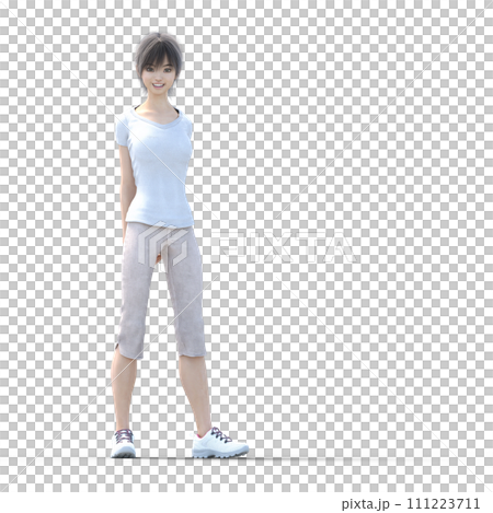 穿著T恤和7分鐘褲子燙髮的年輕女子3DCG插畫素材 111223711