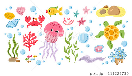 Cute sea creatures and plants. flat vector icons Cute sea creatures and plants. flat vector icons 111223739