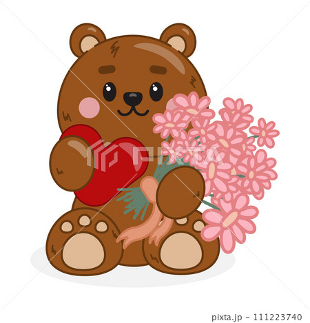 Cute illustration of Bear with bouquet of flowers 111223740