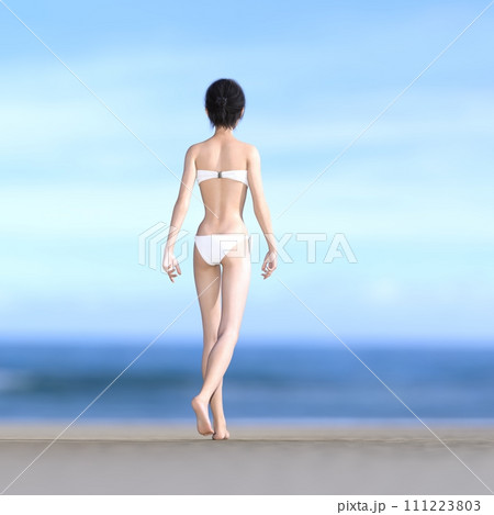 海辺でポーズする白い水着の若い女性　perming3dcgイラスト素材 111223803