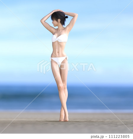 海辺でポーズする白い水着の若い女性　perming3dcgイラスト素材 111223805