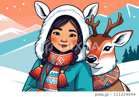 AI-generated content. A beautiful Eskimo girl in national clothes standing in tundra with a deer. 111224044