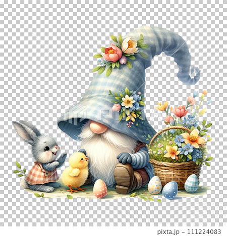 Gnome  celebrating Easter with rabbit and chick watercolor clipart. AI Generate 111224083