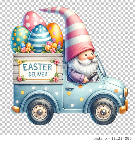 Easter Gnome with a Springtime truck watercolor clipart. AI Generate 111224096