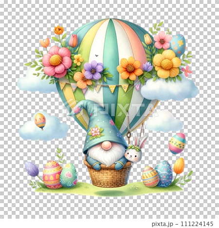Gnome gnome in Easter-themed hot air balloon  watercolor clipart. AI Generate 111224145