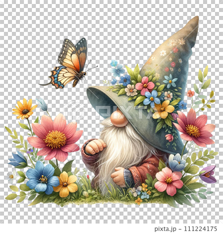 Easter Gnome with  Butterfly and flowers  watercolor clipart. AI Generate 111224175
