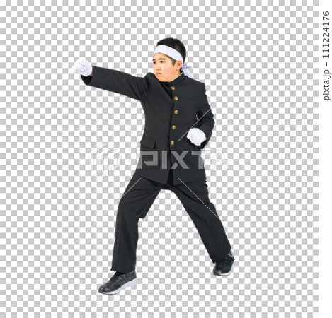 エールを送る学ランを着た応援団　手作業で精密に切り抜いた背景透過全身写真PNG 111224176